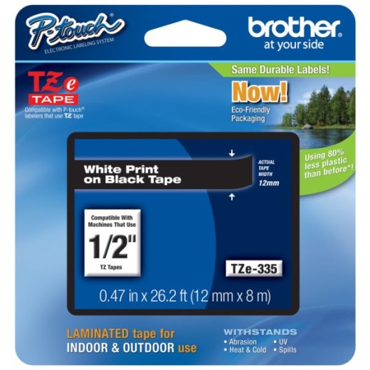 Brother TZe-335 White-On-Black Tape, 0.5" x 26.2'