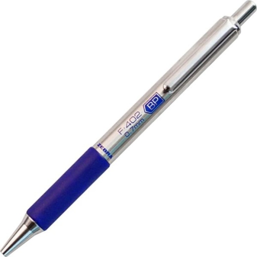 Zebra Pen F-402 Retractable Ballpoint Pen, Fine Point, 0.7 Mm, Silver Barrel, Blue Ink