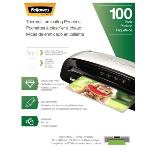 Fellowes Thermal Laminating Pouches, Letter, 5 Mil, Clear, Pack Of 100