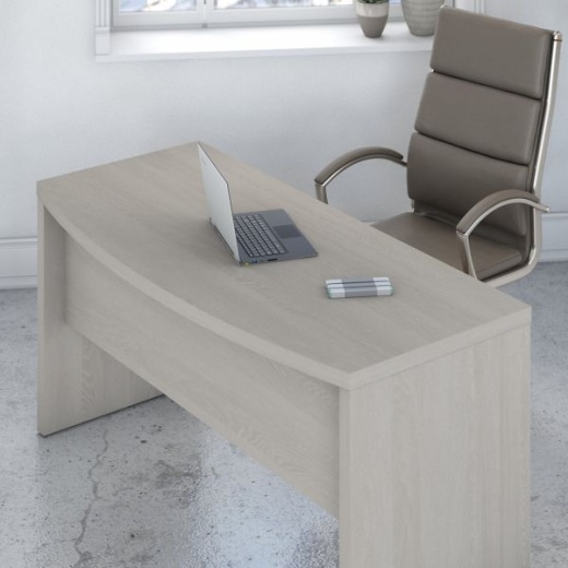 Office by Kathy Ireland Echo Bow Front Desk, Credenza with Hutch, Bookcase and File Cabinets Pure White/Modern Gray