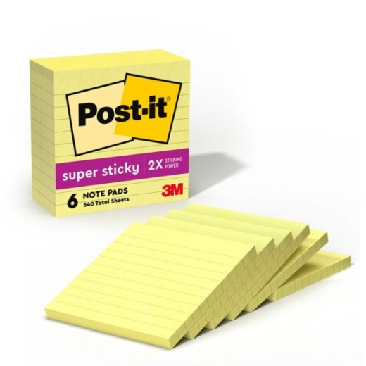 Post-It Super Sticky Notes, 4 In X 4 In, 6 Pads, 90 Sheets/Pad, Canary Yellow, Lined