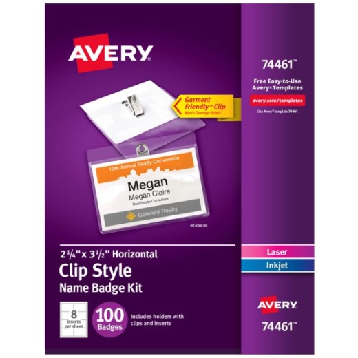 Avery Customizable Name Badges With Clips, Rectangle, 74461, 2-1/4" X 3-1/2", Clear Holders With White Inserts, 100 Badges