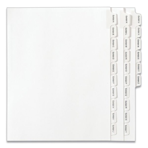 Avery Preprinted Legal Exhibit Side Tab Index Dividers, Allstate Style, 26-Tab, Exhibit A to Exhibit Z, 11 x 8.5, White, 1 Set