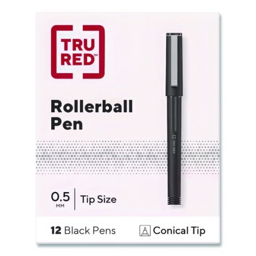 Tru Red Roller Ball Pen, Stick, Fine 0.5 Mm, Black Ink, Black/Clear Barrel