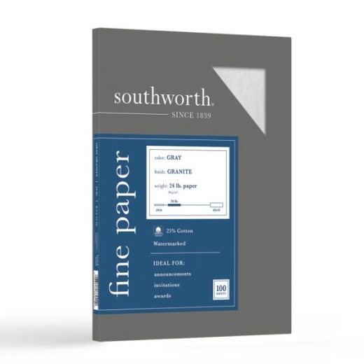 Southworth Granite Specialty Paper, 8.5 x 11, 24 Lb, 75% Recycled, Gray, Pack Of 100 Sheets