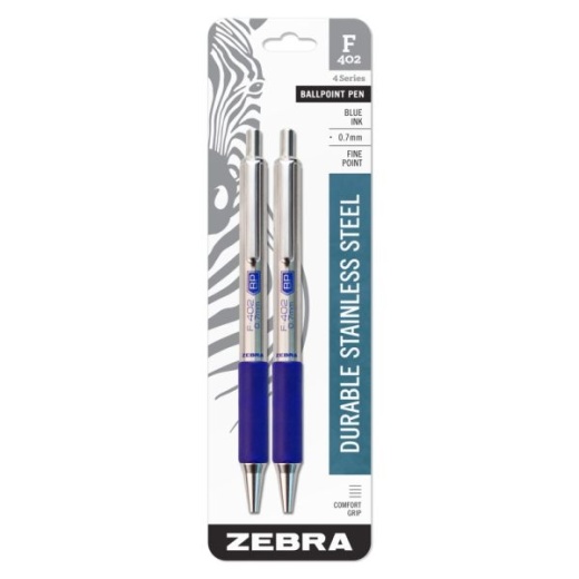Zebra Pen F-402 Stainless Steel Retractable Ballpoint Pens, Pack Of 2, Fine Point, 0.7 Mm, Assorted Barrel, Blue Ink