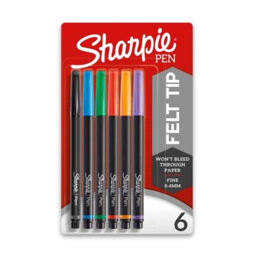 Sharpie Pens, Fine Point, 0.4 Mm, Black Barrels, Assorted Ink Colors (Pack Of 6)