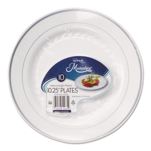 Wna Masterpiece Plastic Plates - 10.25" Dia, White/Silver, 10/Pack, 12 Packs/Carton