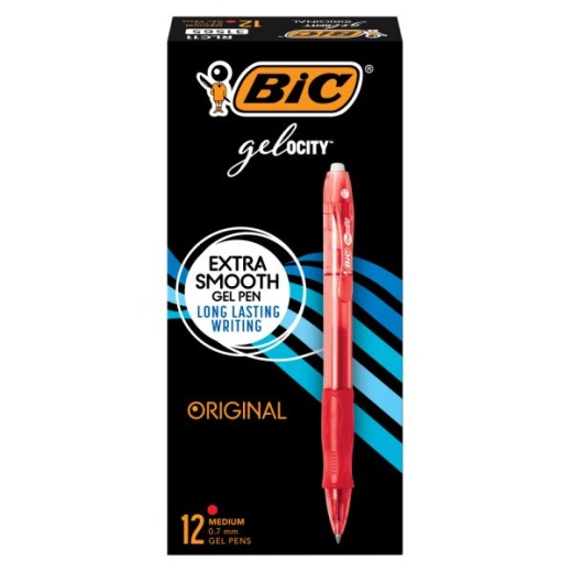 Bic Gel-Ocity Retractable Gel Ink Rollerball Pens, Medium Point, 0.7 Mm, Red Barrel, Red Ink, Pack Of 12