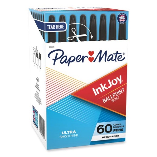 Paper Mate Inkjoy 50ST Ballpoint Pen, Medium 1 mm, Black Ink, Clear Barrel, 60/Pack