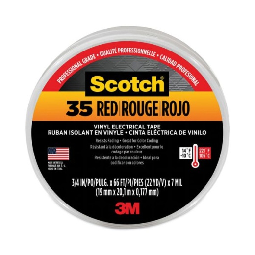 3M Scotch 35 Vinyl Electrical Color Coding Tape, 3" Core, 0.75" X 66 Ft, Red