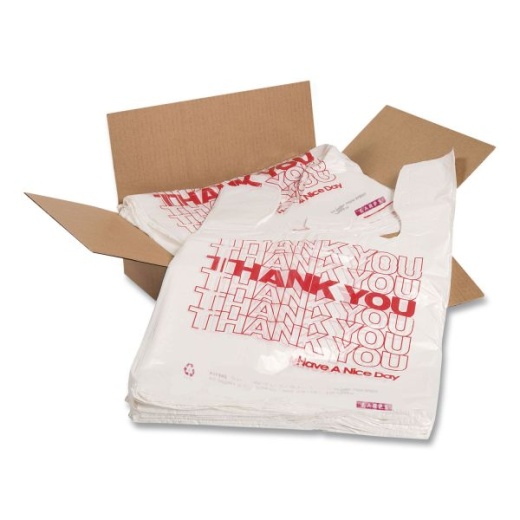 Barnes Paper Company Thank You High-Density Shopping Bags, Have A Nice Day Labeling, Cut-Out Handles, 18" X 8" X 30", White/Red, 500/Carton