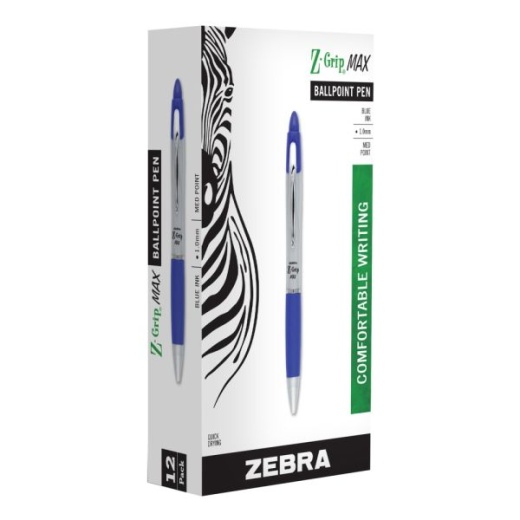 Zebra Pen Z-Grip Max Retractable Ballpoint Pens, Pack Of 12, Medium Point, 1.0 Mm, Gray/Blue Barrel, Blue Ink