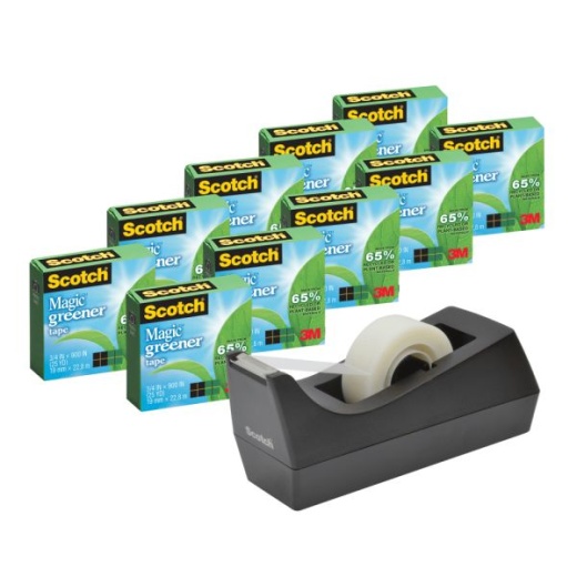 Scotch Greener Magic Tape With Dispenser, Invisible, 3/4 In X 900 In, 10 Tape Rolls, Clear, Home Office And School Supplies