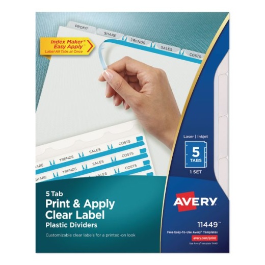 Avery Print and Apply Index Maker Clear Label Plastic Dividers W/Printable Label Strip, 5-Tab, 11 X 8.5, Frosted Clear Tabs, 1 Set