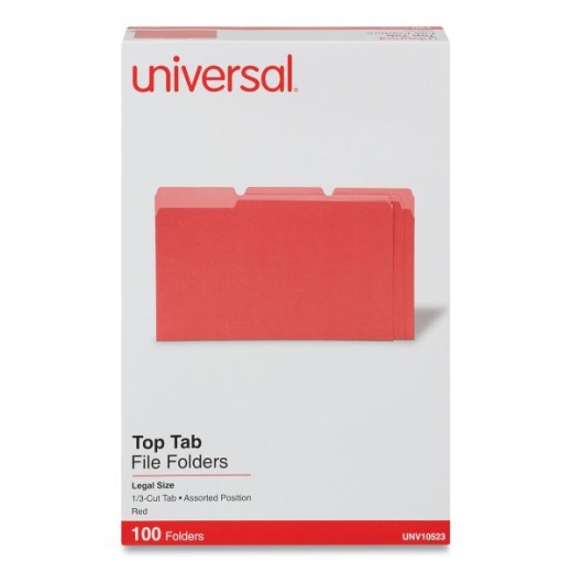 Universal Deluxe Colored Top Tab File Folders, 1/3-Cut Tabs: Assorted, Legal Size, Red/Light Red, 100/Box