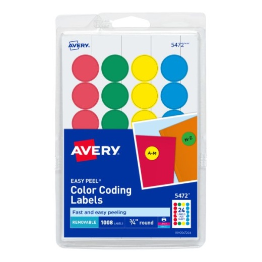 Avery Removable Color-Coding Labels, 5472, Round, 3/4" Diameter, Assorted Colors, Pack Of 1,008