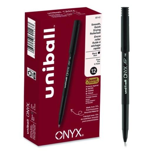 Uniball Onyx Roller Ball Pen - Fine 0.7 Mm, Black Ink, Black Barrel, Dozen