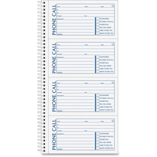TOPS Second Nature Spiralbound Phone Call Book, 2-Part, 5 1/2" x 11", 60% Recycled, White/Blue