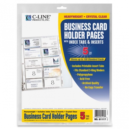 C-Line Business Card Holder Pages with Index Tabs for Ring Binders, Poly