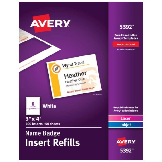 Avery Laser Name Badge Inserts, 3" x 4", Box Of 300