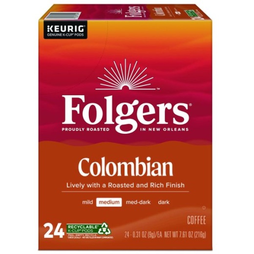 Folgers 100% Colombian Coffee K-Cups, Medium Roast, 24/Box
