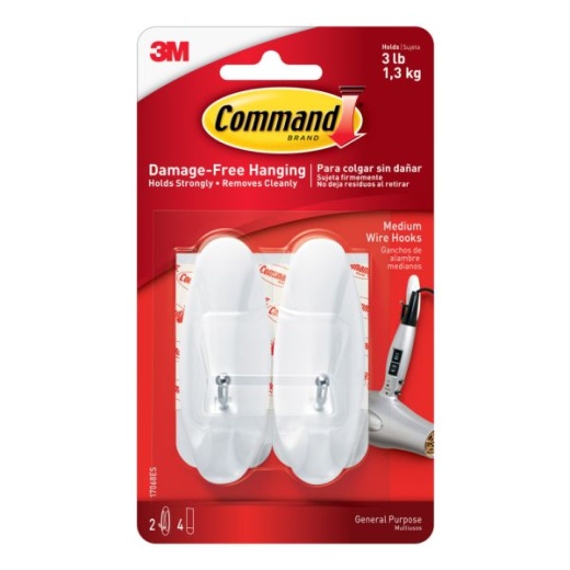 Command Medium Wire Hooks, Damage-Free and White, Pack of 2 Hooks, 2 Pairs of Strips