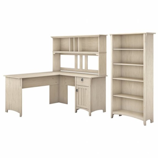 Bush Furniture Cabot 60W L Shaped Computer Desk with Hutch and 5 Shelf Bookcase Linen White Oak