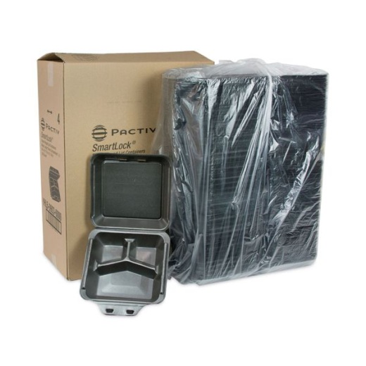 Pactiv Evergreen Smartlock Foam Hinged Lid Container, Large, 3-Compartment, Black, 150/Carton