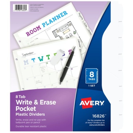 Avery Durable Plastic 8-Tab Write & Erase Dividers For 3 Ring Binders With Slash Pocket