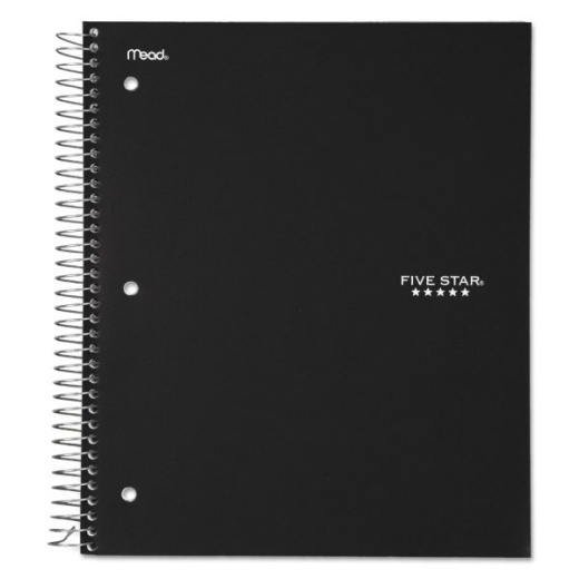 Five Star Wirebound Notebook With Four Pockets, 3-Subject, Medium/College Rule, Black Cover