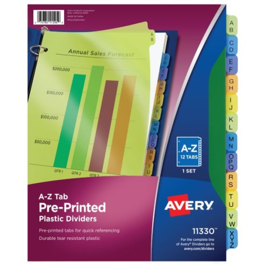 Avery Preprinted Plastic Dividers, A-Z, 12-Tab, Multicolor, 1 Set