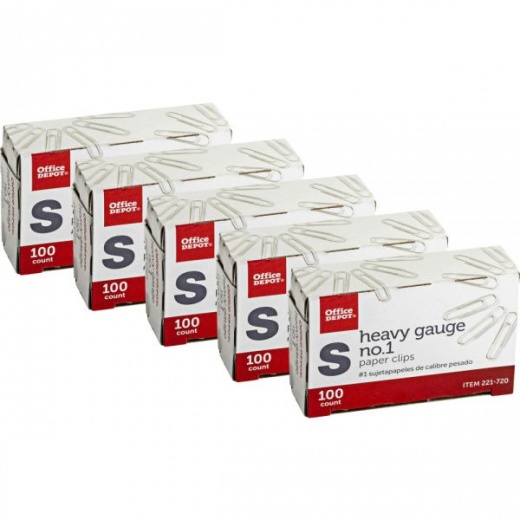 Heavy Gauge Paper Clips, No. 1, Small, Silver, Pack Of 5 Boxes, 100 Clips Per Box, 500 Total
