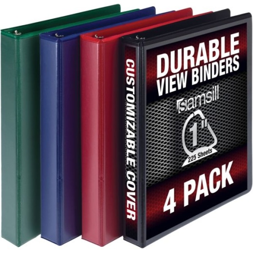 Samsill Clear View Cover Binders, 1" D-Rings, Letter Size (8 1/2" X 11"), Basic Assorted, Pack Of 4
