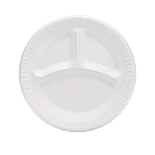Dart Quiet Classic Laminated Foam Plates, 3-Compartment Plate, 9" Dia, White, 125/Pack, 4 Packs/Carton