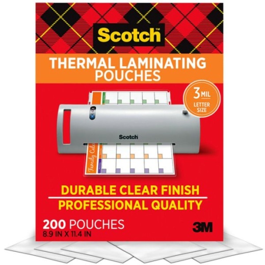 Scotch Thermal Laminating Pouches, 200 Laminating Sheets, 3 Mil., Ideal Office or Back to School Supplies