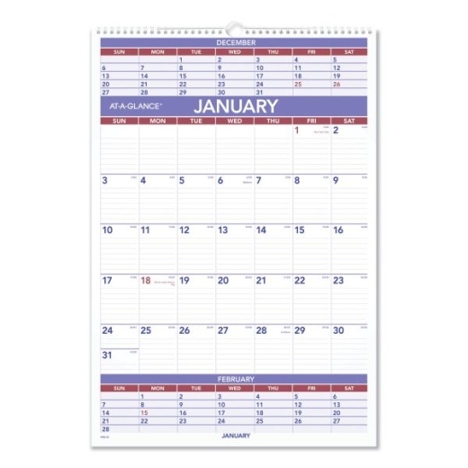 AT-A-GLANCE Three-Month Wall Calendar, 2025 - 15.5 x 22.75, White Sheets
