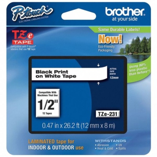 Brother TZe-231 Black-On-White Tape, 0.5" x 26.2'