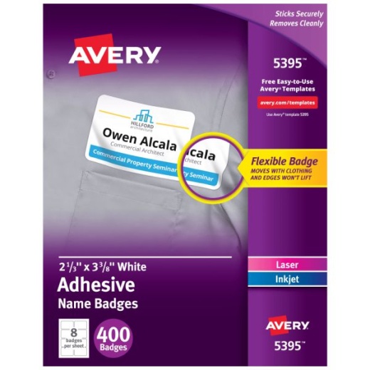 Avery Flexible Name Badge Labels, 5395, 2 1/3" x 3 3/8", White, Box Of 400