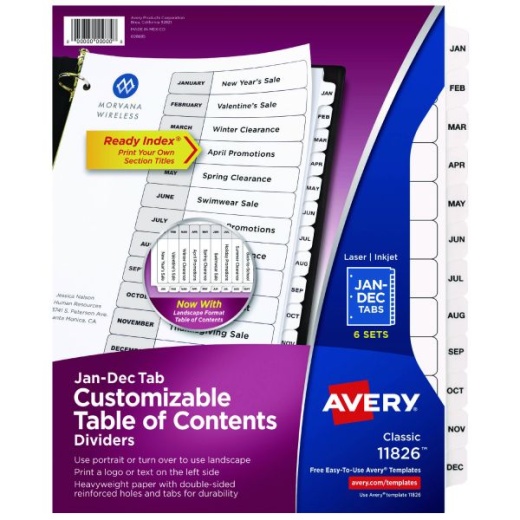 Avery Customizable Table of Contents Ready Index Dividers - 12-Tab, Jan. to Dec., 11 x 8.5, White, 6 Sets
