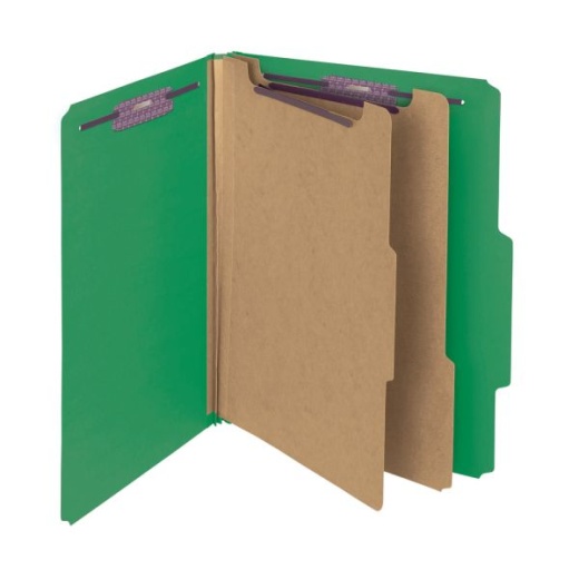 Smead Pressboard Classification Folders with Safeshield Coated Fasteners, Letter Size, 100% Recycled, Green, Box Of 10