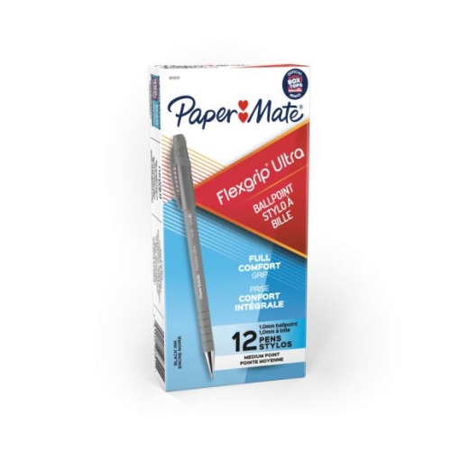 Paper Mate FlexGrip Ultra Ballpoint Pens, Medium Point, 1.0 Mm, 42% Recycled, Gray Barrel, Black Ink, Pack Of 12