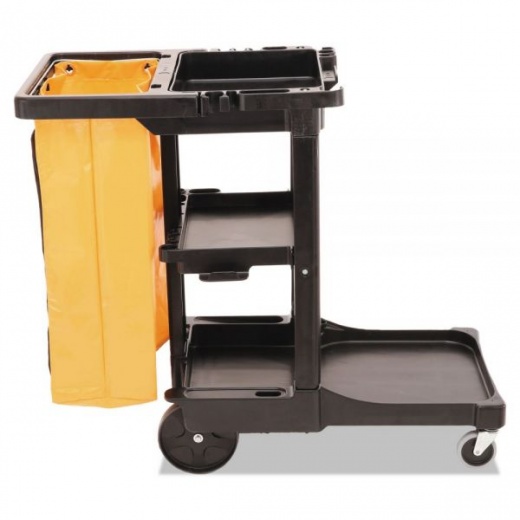 Rubbermaid Commercial Multi-Shelf Cleaning Cart, Plastic, 4 Shelves, 1 Bin, 20" X 45" X 38.25", Black
