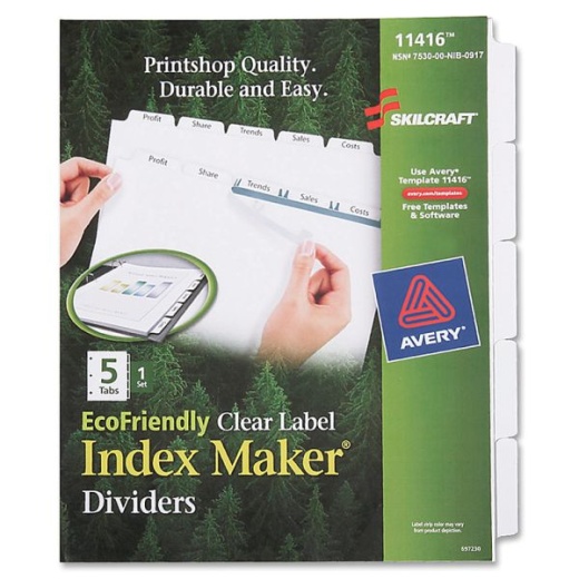 Skilcraft Index Maker 100% Recycled Clear Label Dividers With White Tabs, 5-Tab