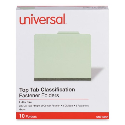 Universal Eight-Section Pressboard Classification Folders - 3" Expansion, 3 Dividers, 8 Fasteners, Letter Size, Green Exterior