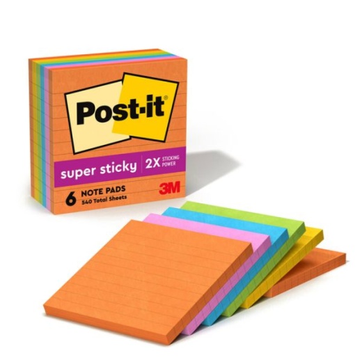 Post-it Super Sticky Notes, 4 In X 4 In, 6 Pads, 90 Sheets/Pad, 2X The Sticking Power, Energy Boost Collection, Lined
