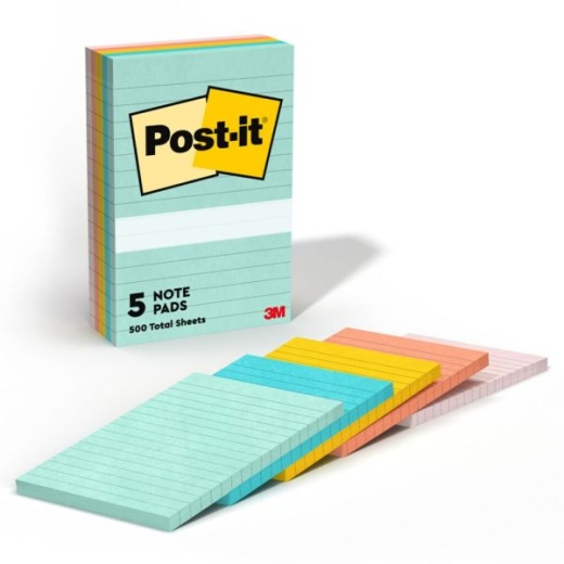 Post-it Notes, 4 In X 6 In, 5 Pads, 100 Sheets/Pad, Clean Removal, Beachside Café Collection, Lined