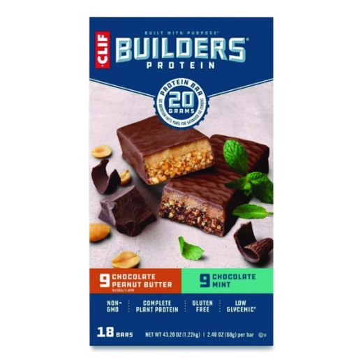 Clif Bar Builders Protein Bar, Chocolate Mint/Chocolate Peanut Butter, 2.4 Oz Bar, 18 Bars/Box