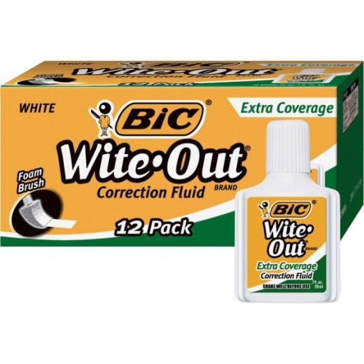 BIC Wite-Out Extra Coverage Correction Fluid, 20 Ml Bottles, White, Pack Of 12