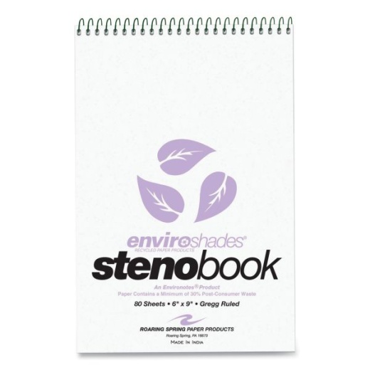 Roaring Spring Enviroshades Steno Notepad, Gregg Rule, White Cover, 80 Orchid 6 x 9 Sheets, 4/Pack